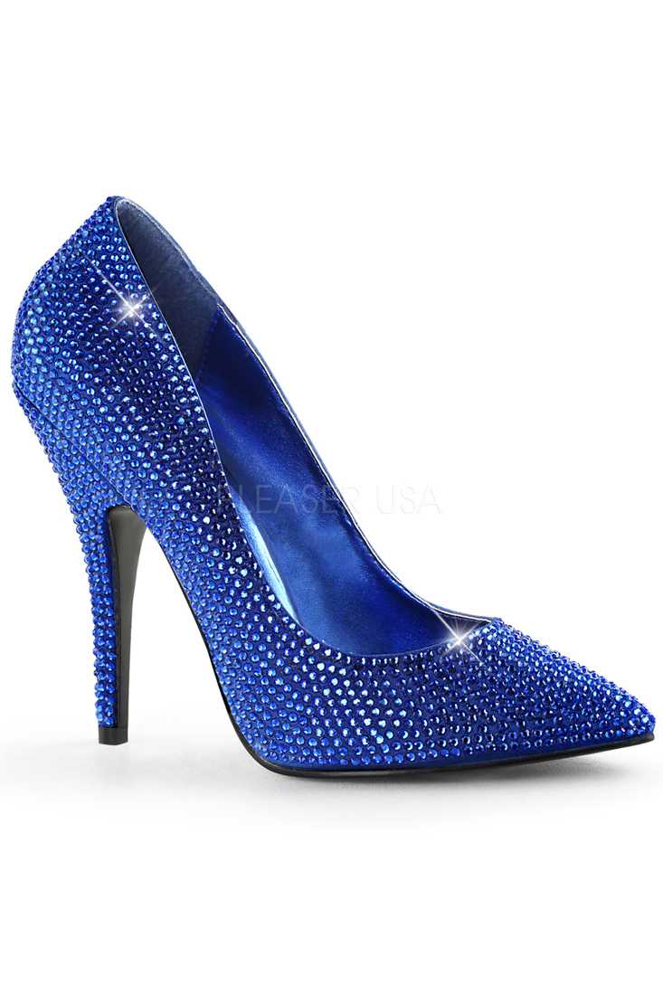 Royal Blue Rhinestone Single Sole Pump High Heels Satin