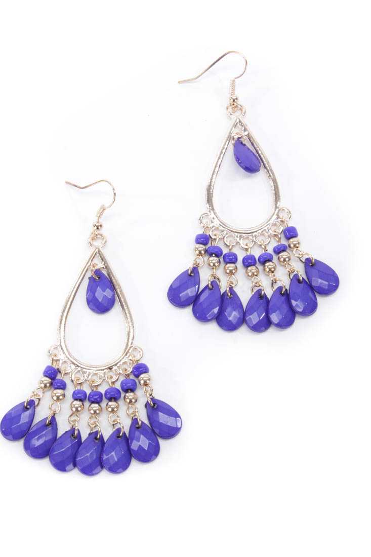 Blue Gold Rain Drop Beaded Dangling Earrings