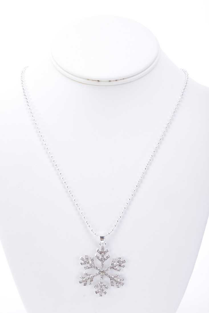 Silver Rhinestone Snow Flake Pendant Necklace