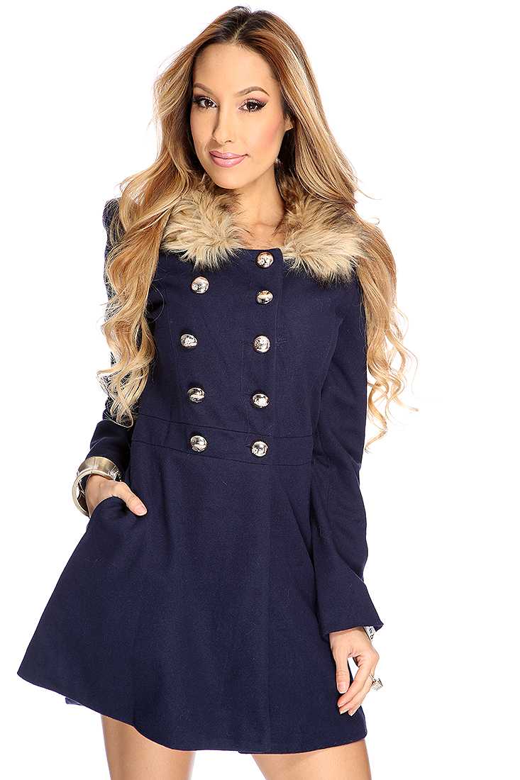 Navy Faux Fur Collar Double Breasted Pea Coat