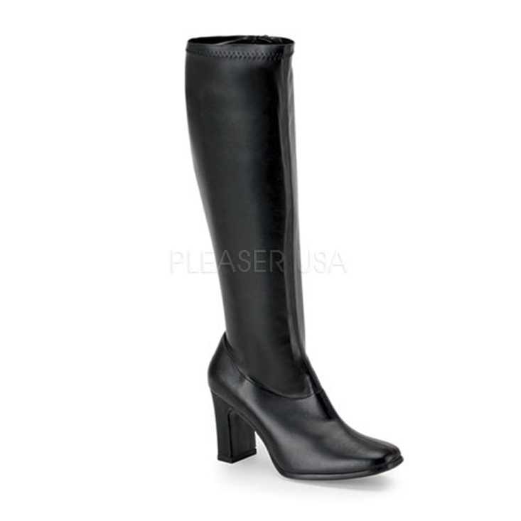 Black Stretch Faux Leather Chunky Heel GoGo Boots