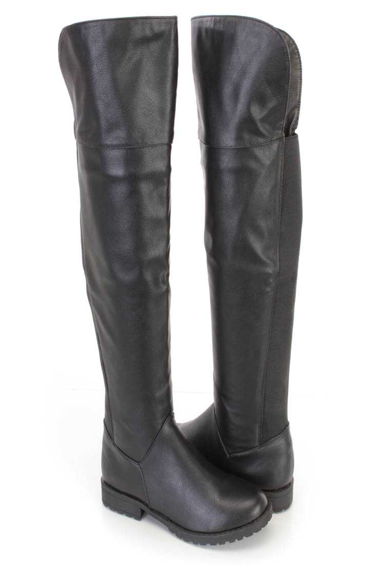 Black Knee High Ridding Boots Faux Leather