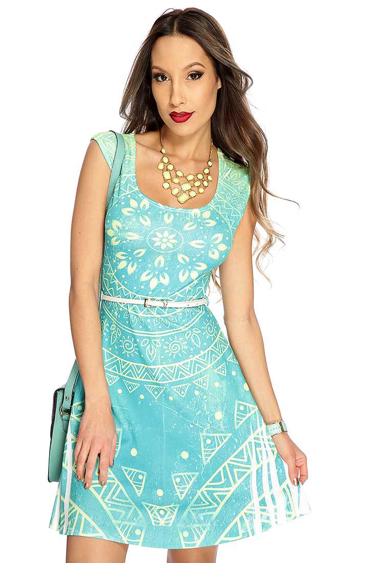 Jade Lime Pattern Design Belted A-Line Dress