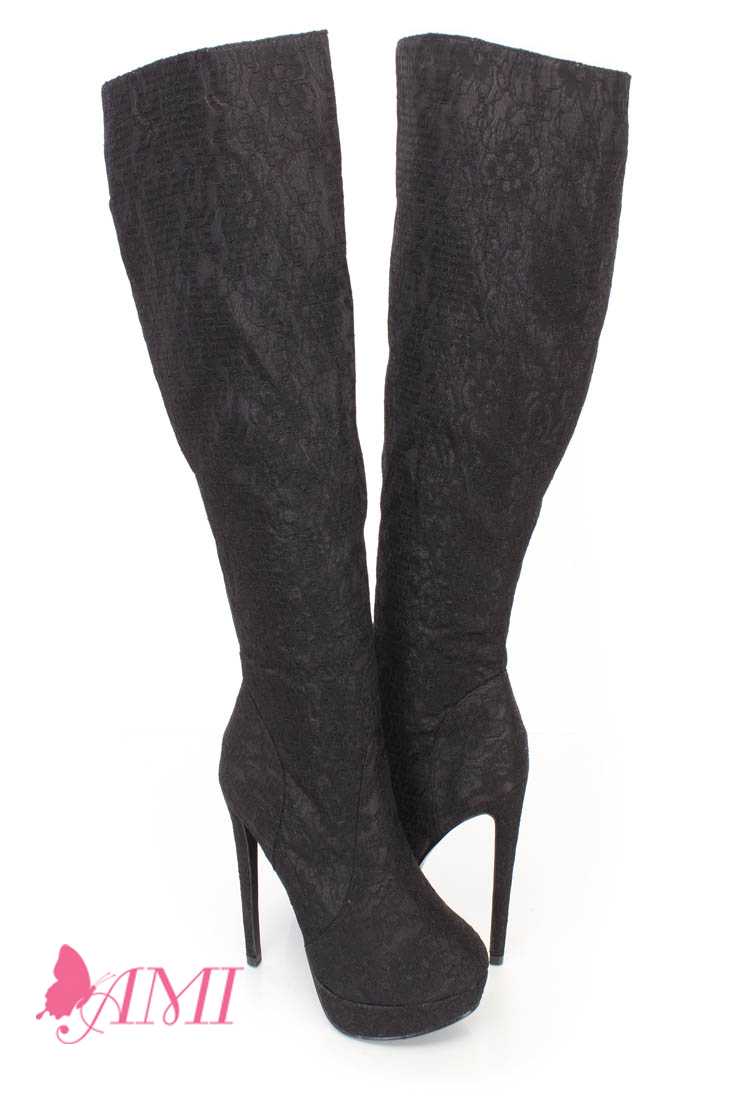 Black Platform High Heel Boots Lace Fabric