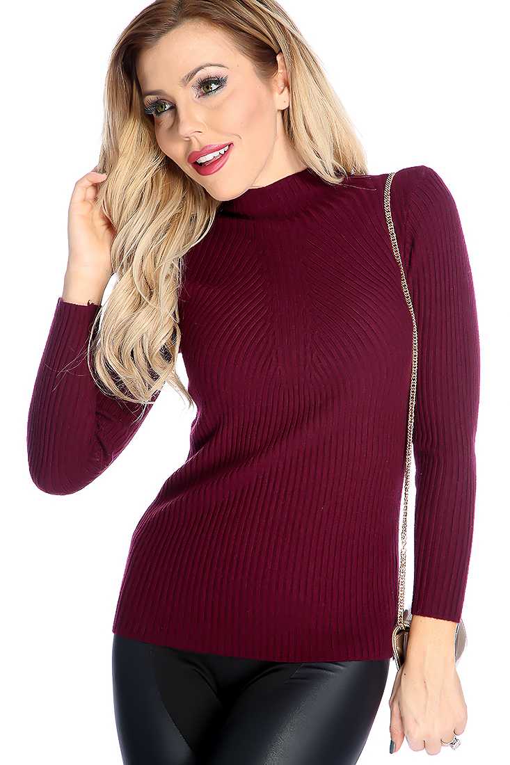 Plum Long Sleeves Mock Neckline Texture Pattern Sweater