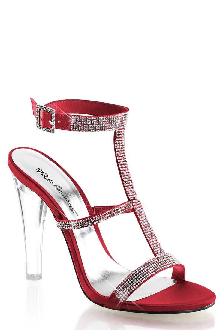 Rouge Rhinestone T Strap Satin High Heels