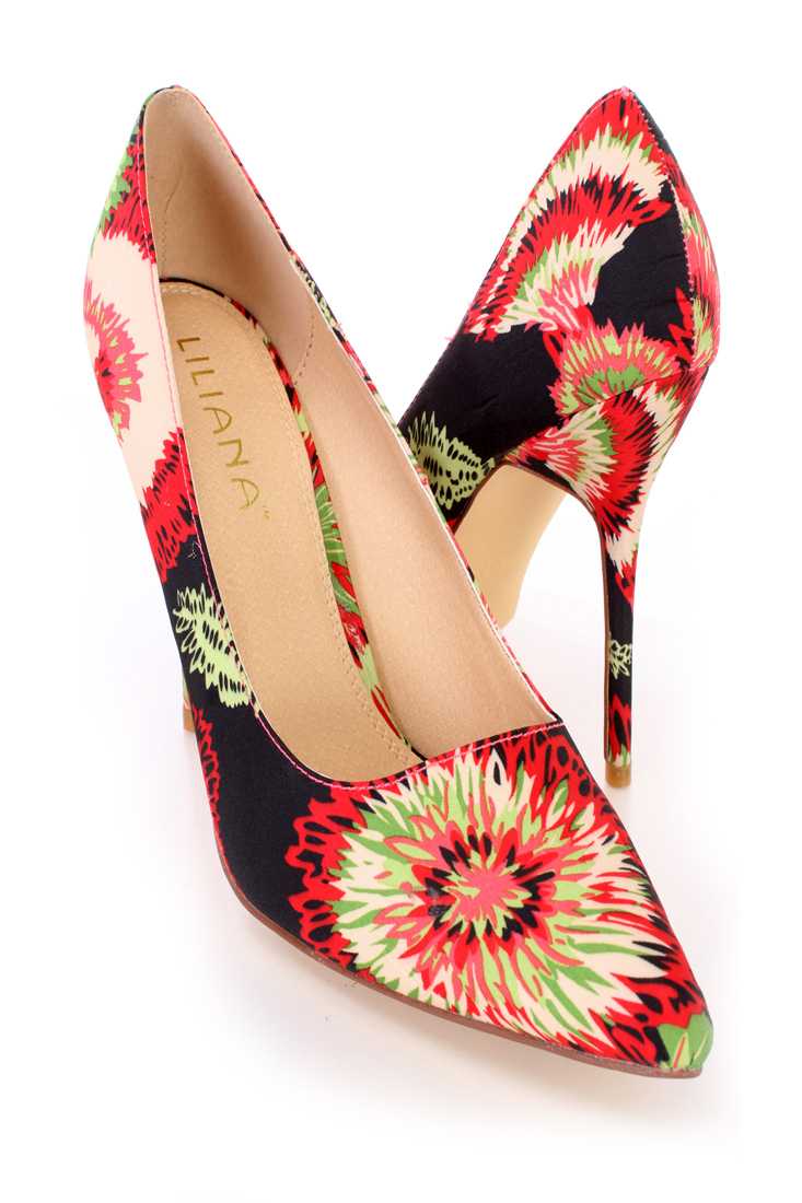 Black Floral Printed Single Sole Pump High Heels Fabric