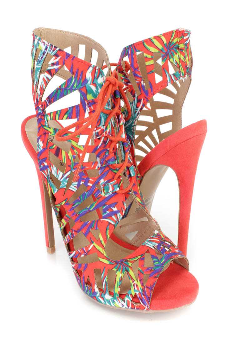 Tangerine Plant Print Lace Up Booties Canvas Fabric