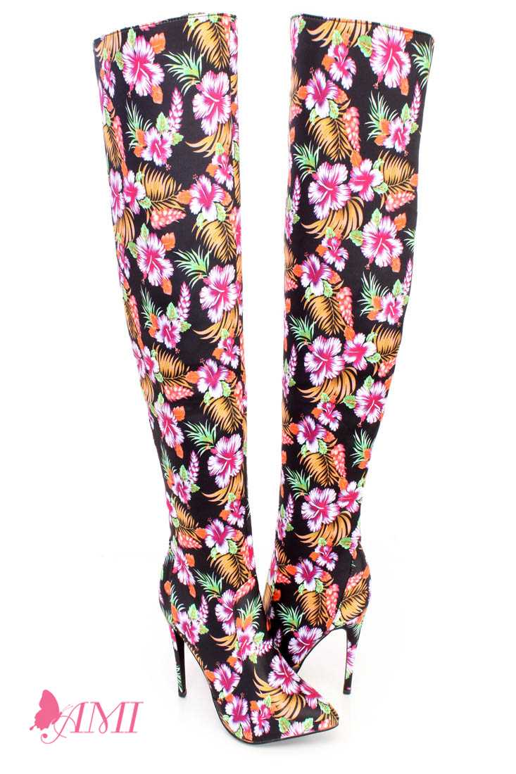 Pink Flower Print Single Sole Thigh High Heel Boots Fabric