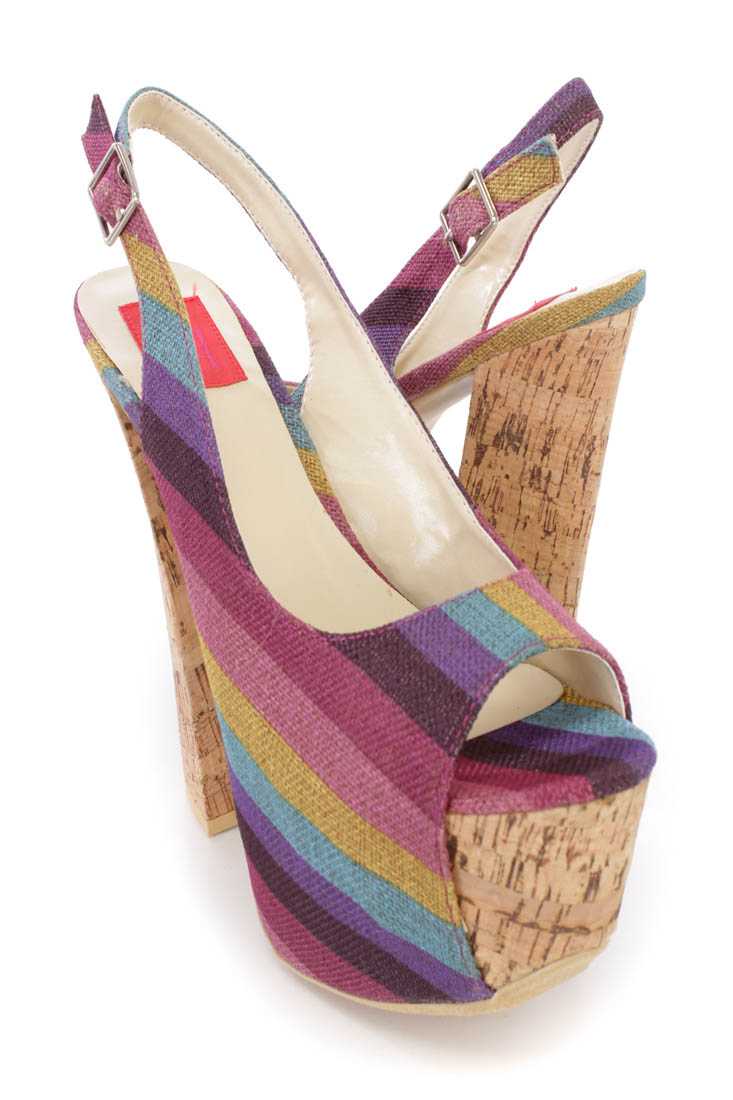 Purple Stripe Chunky 6 Inch High Heels Canvas
