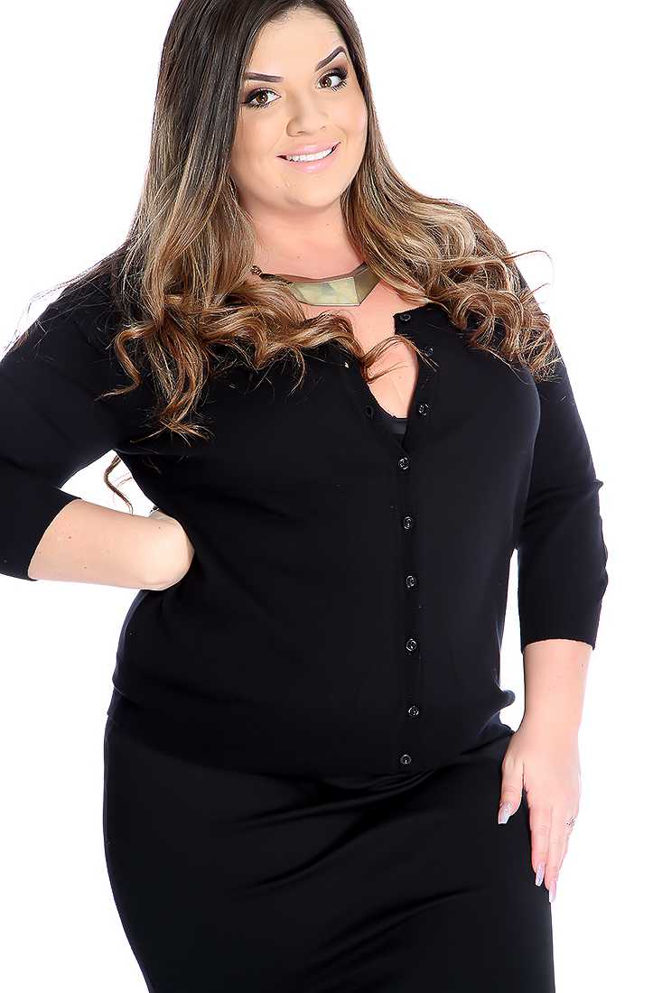 Stylish Black Plus Size Quarter Sleeve Button Up Fitted Cardigan