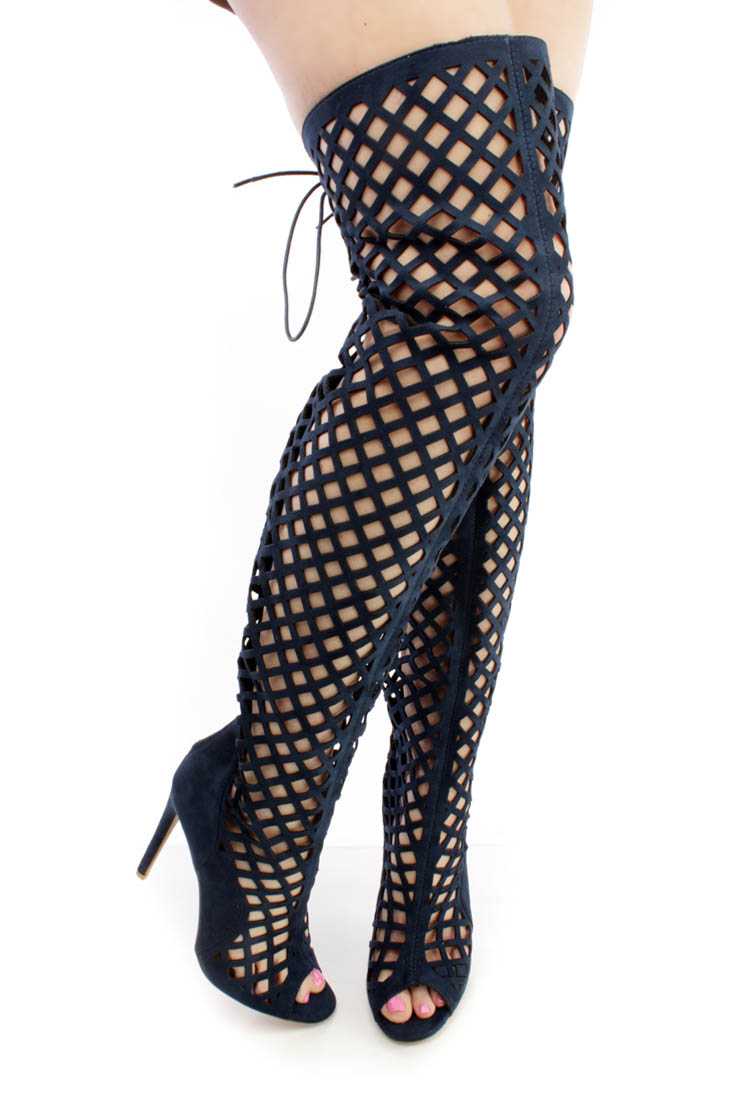 Navy Cut Out Thigh High Heel Boots Faux Suede