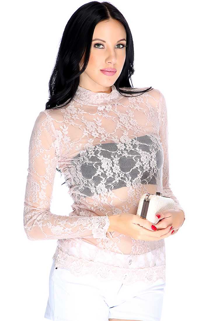 Dusty Pink Floral Lace Mesh Mock Neck Long Sleeve Casual Top