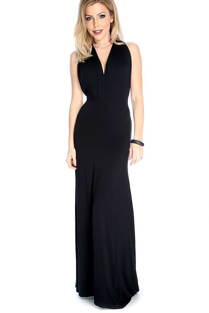 Sexy Black Sleeveless V Neck Twist Back Maxi Dress
