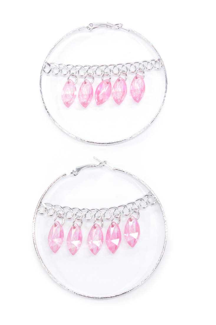 Pink Silver Hoop Dangling Beads Earrings Earrings