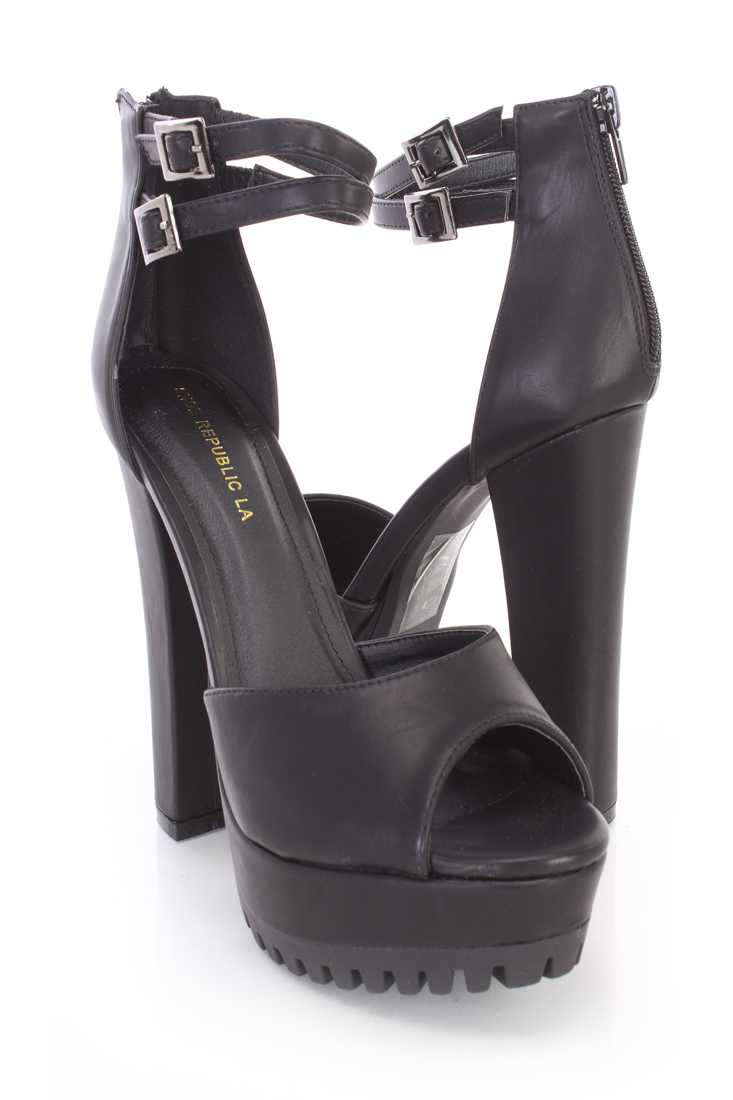 Black Peep Toe Platform Ankle Strappy High Heels Faux Leather