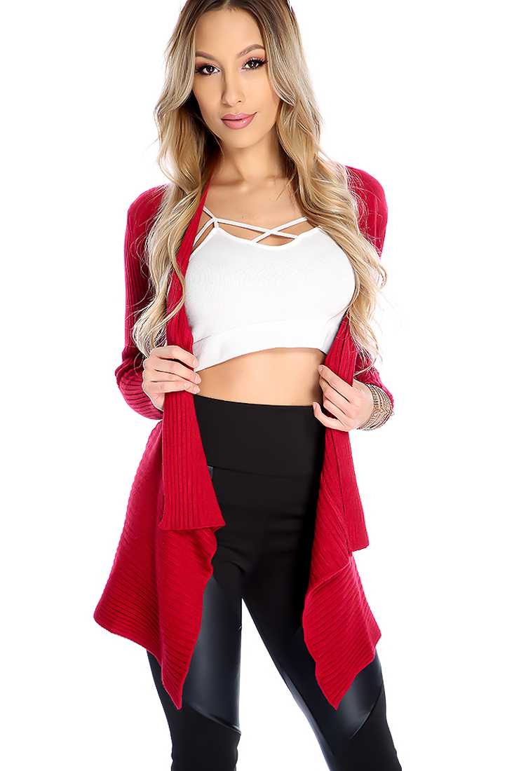Wine Ribbed Open Front Long Sleeve Sweater