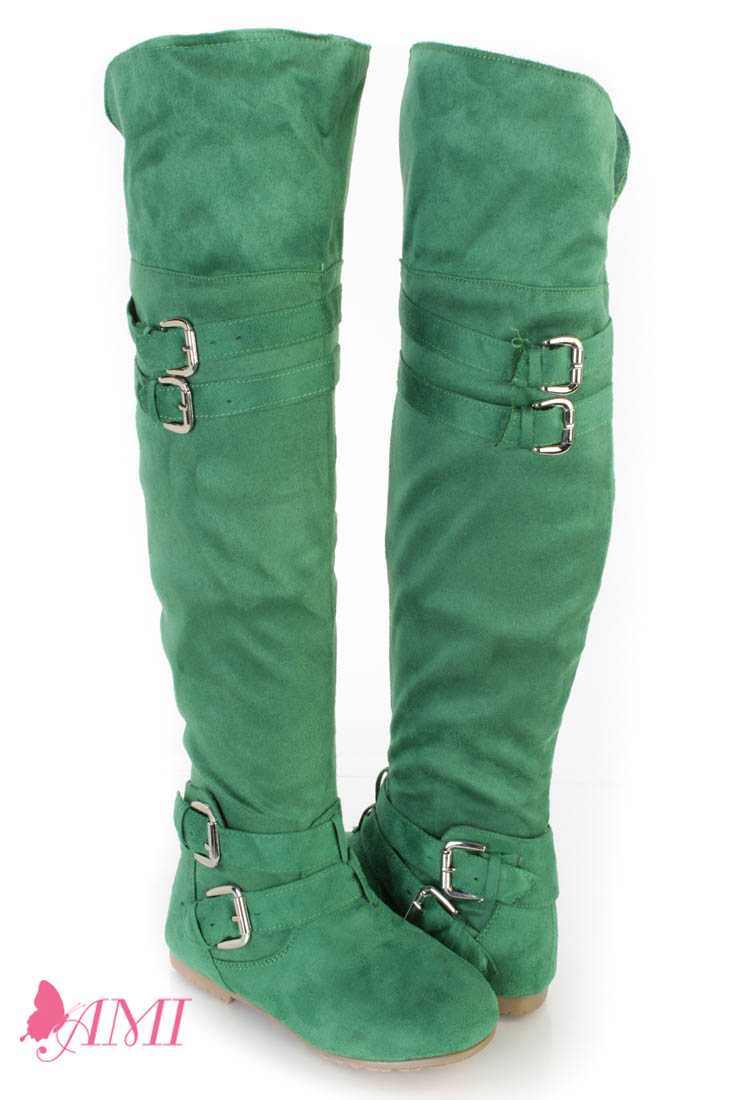 Green Buckle Accents Thigh High Flat Boots Faux Suede
