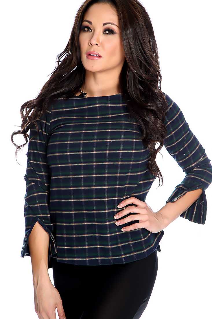 Navy Green Plaid Flannel Sweater