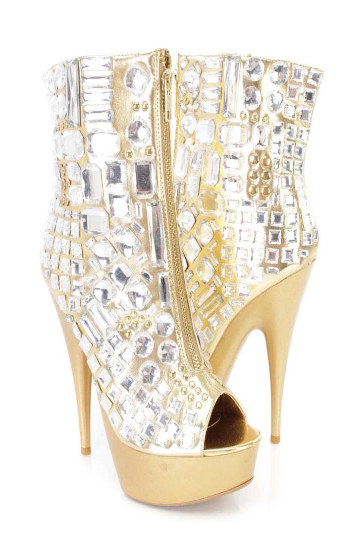 Gold Gemstone Peep Toe Platform Heel Boots Faux Leather