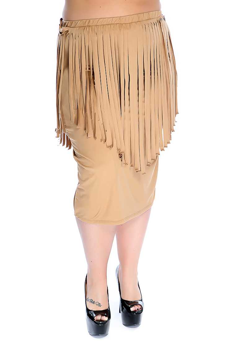 Stylish Camel Plus Size Fringe Detail Fitted Skirt