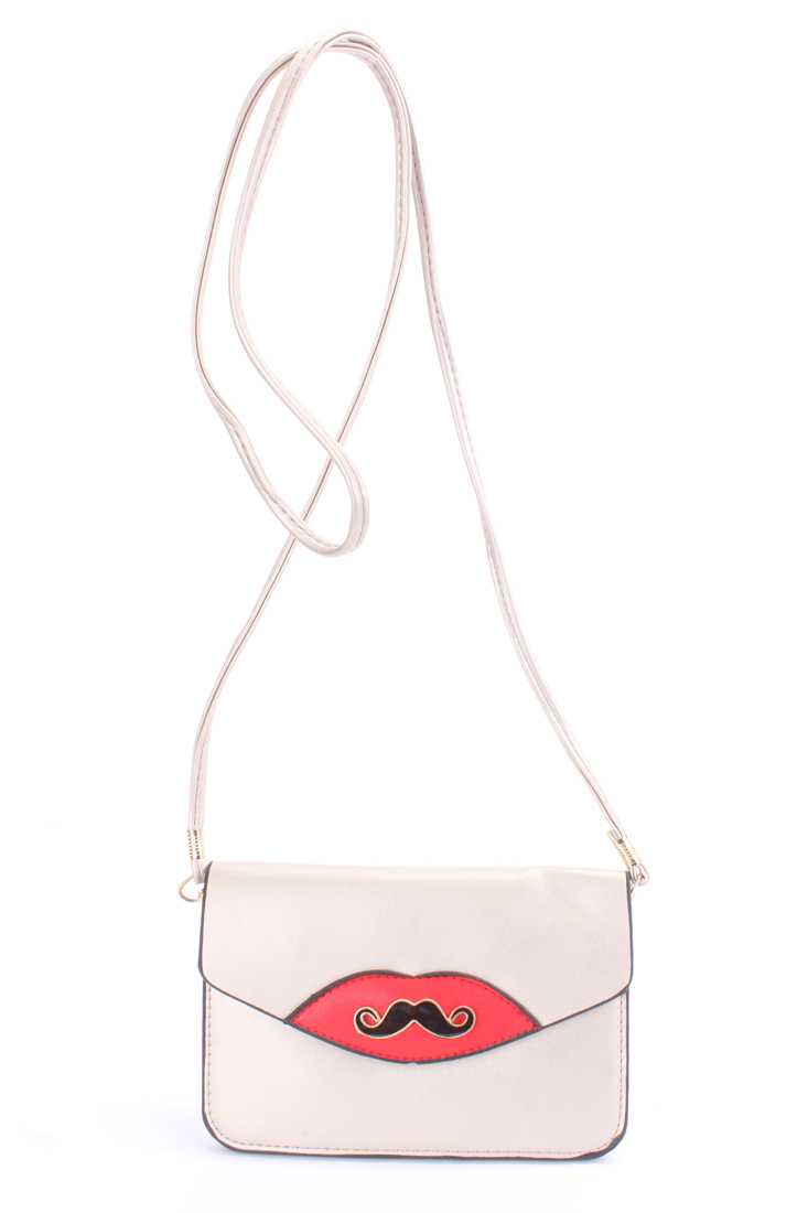 Champagne Mustache Pendant Faux Leather Clutch