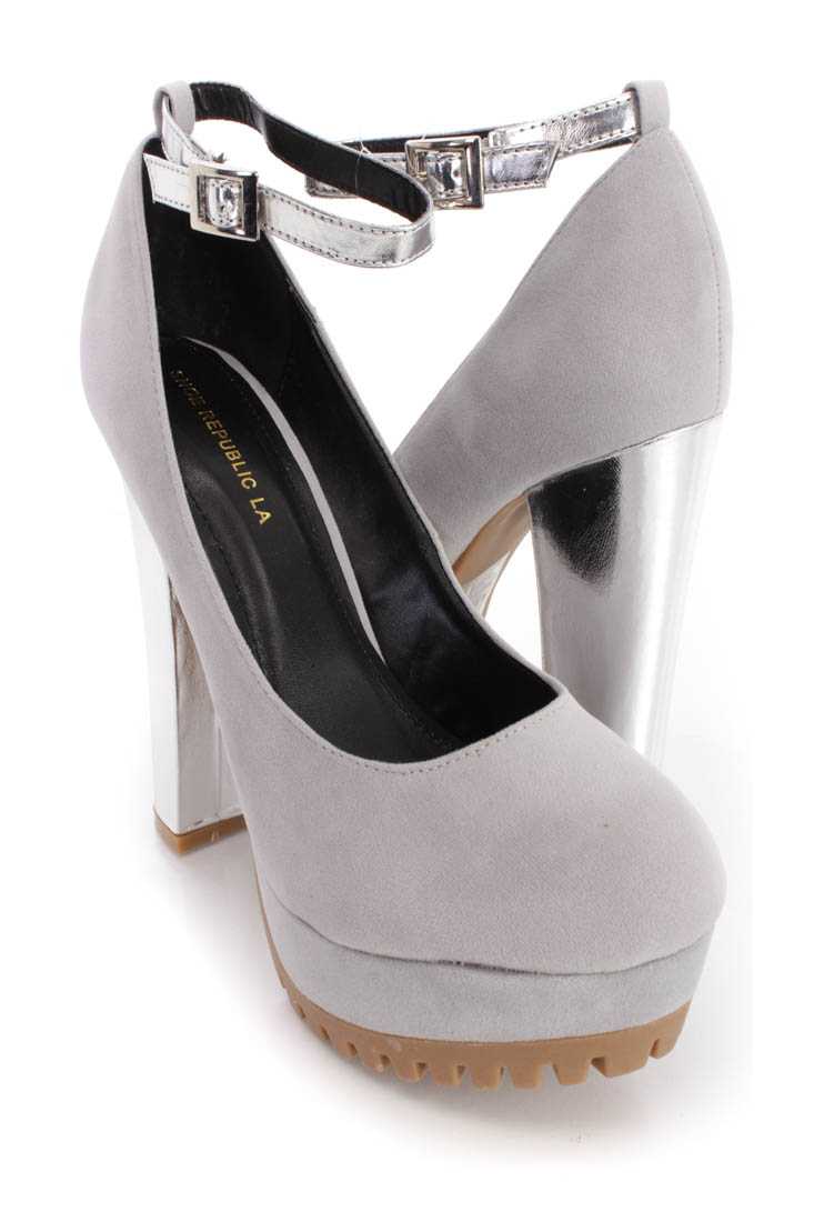 Grey Platform Metallic Chunky High Heels Faux Suede
