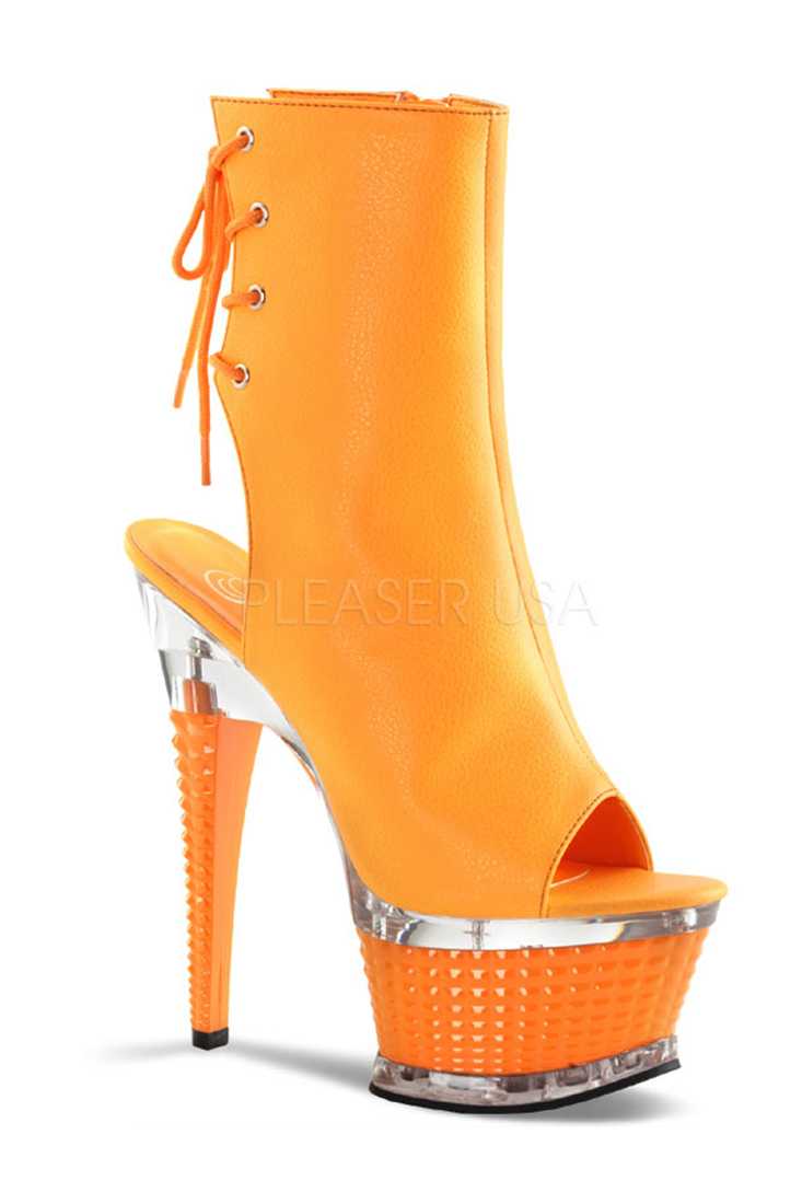 Neon Orange Open Toe Platform High Heels Faux Leather