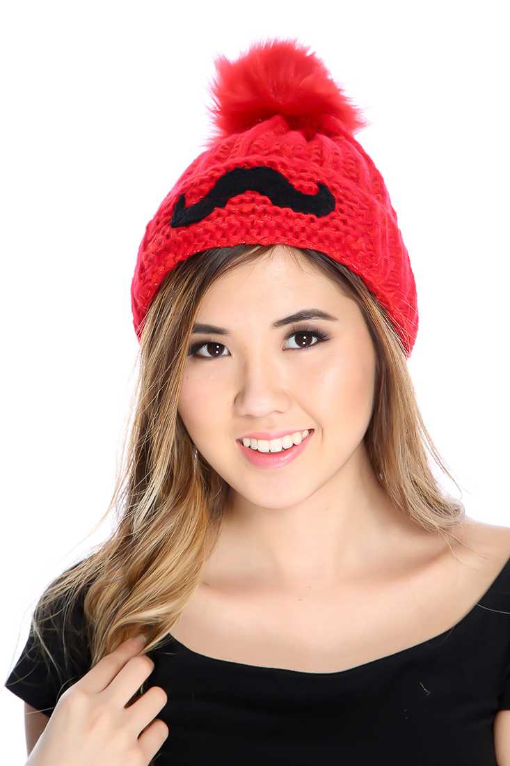 Red Mustache Patch Knitted Beanie