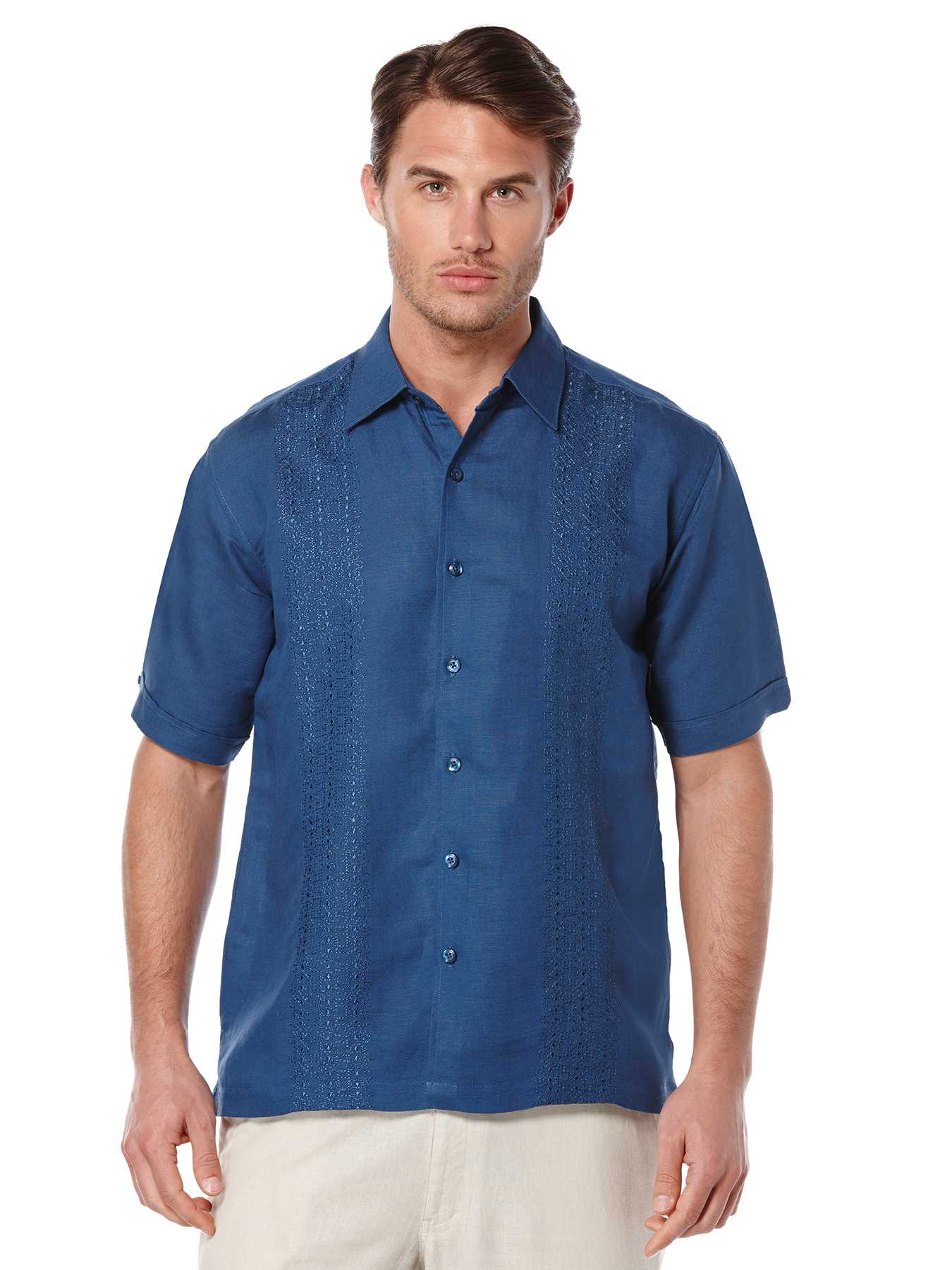 Cubavera Short Sleeve Linen Embroidered Panel
