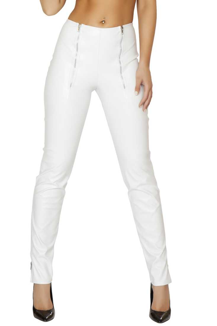 White Faux Leather Double Zip Up High Waist Pants