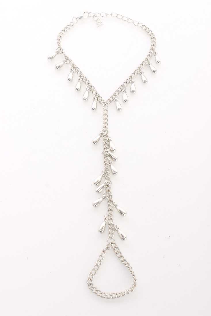 Silver High Polish Raindrop Accents Ring Design Hand Chain