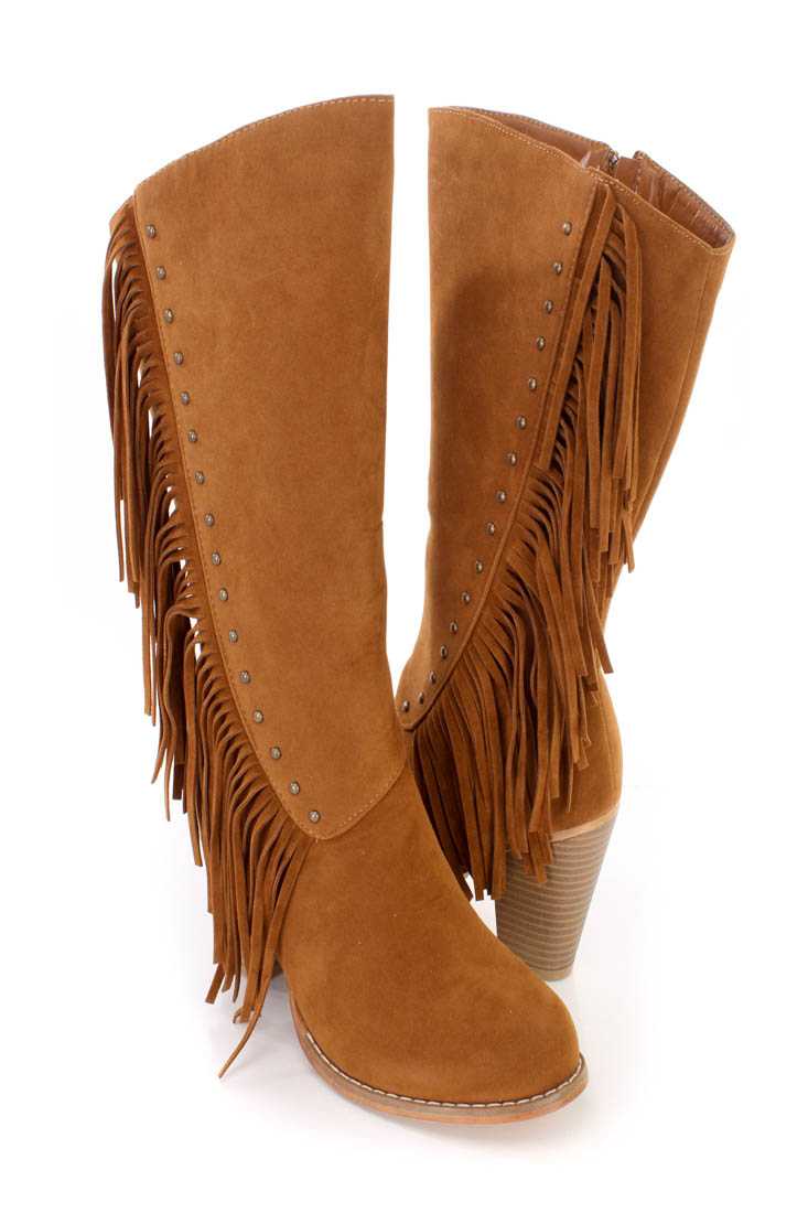 Camel Studded Fringe High Heel Boots Faux Suede