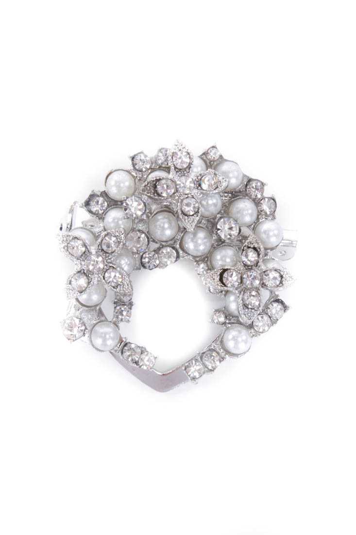 Silver Rhinestone Faux Pearl Detailed Brooch