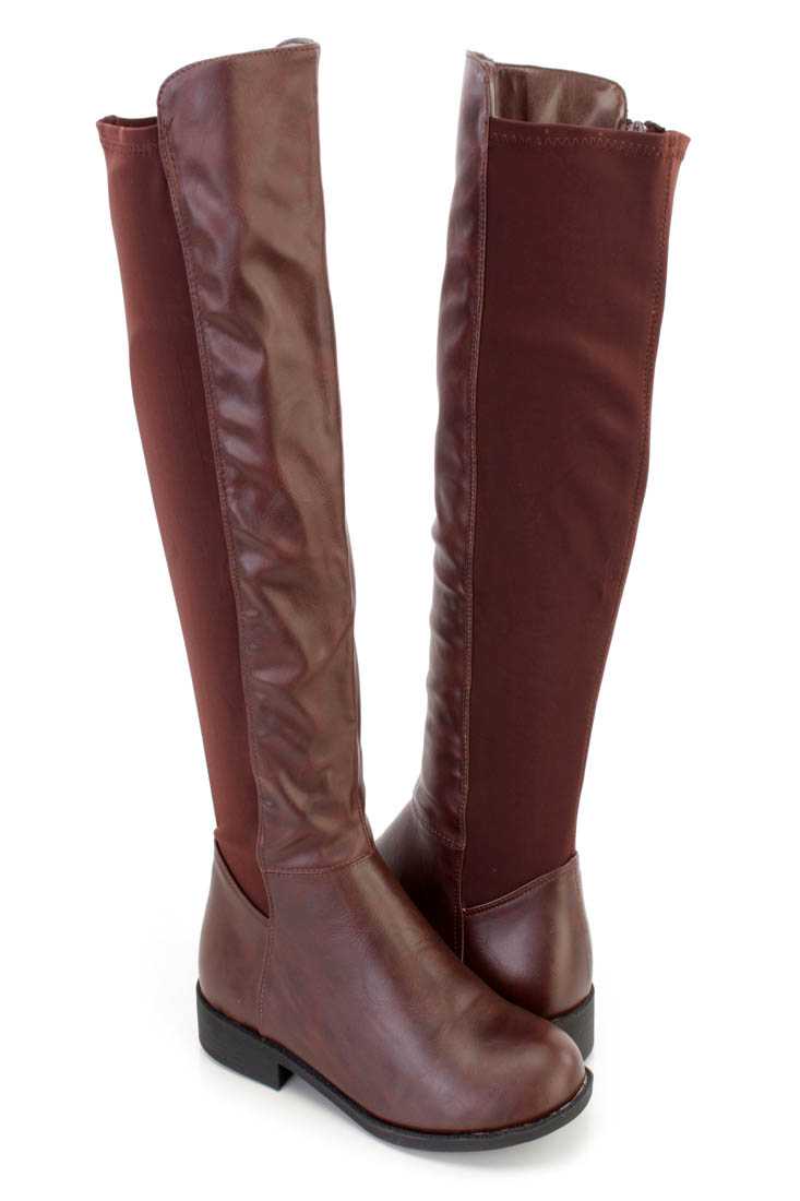 Brown Knee High Riding Boots Faux Leather Nylon
