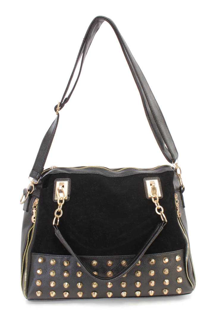 Black Studded Faux Leather Suede Large Tote Handbag