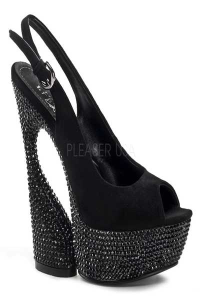 Black Suede Rhinestones Slingback Peep Toe Platform Sculptured Wedge Heel
