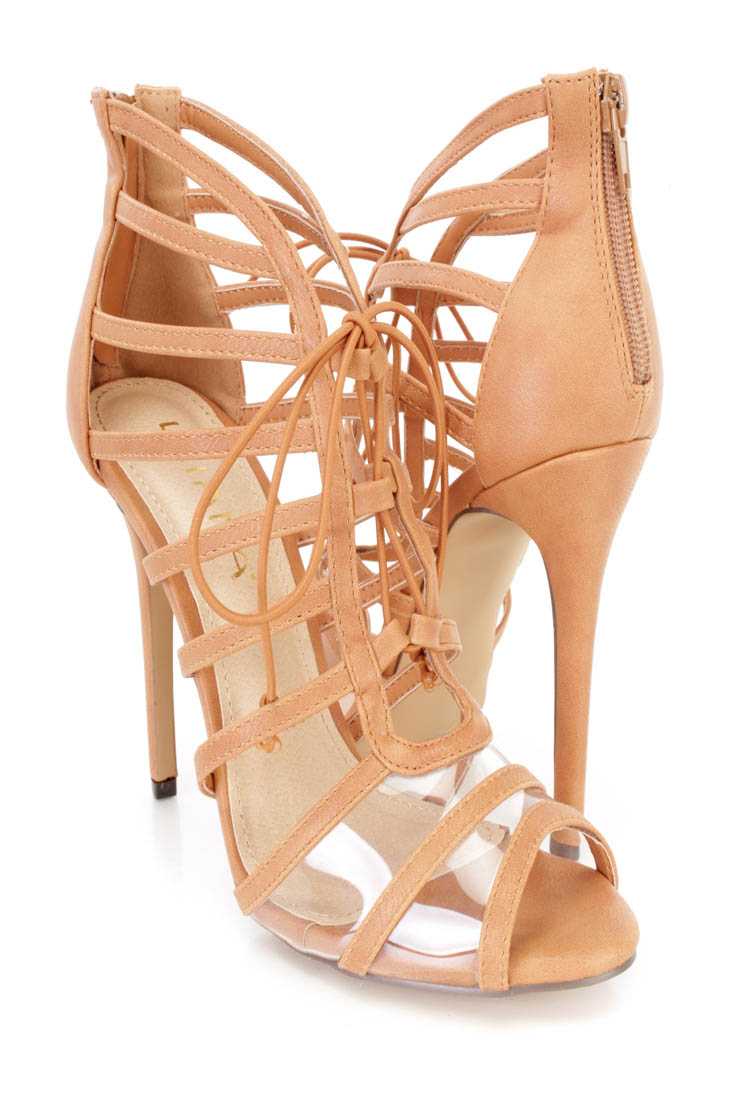 Tan Peep Toe Strappy Single Sole Booties Faux Leather