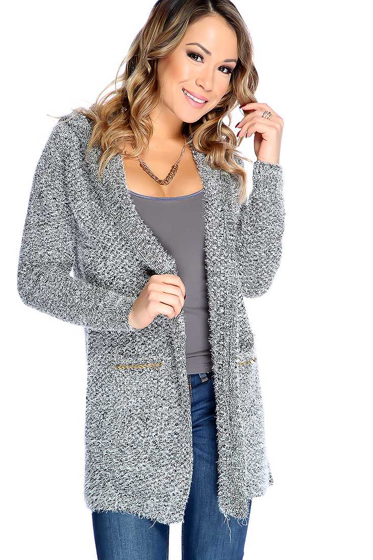 Black Mohair Open Front Spike Studded Hooded Sweater
