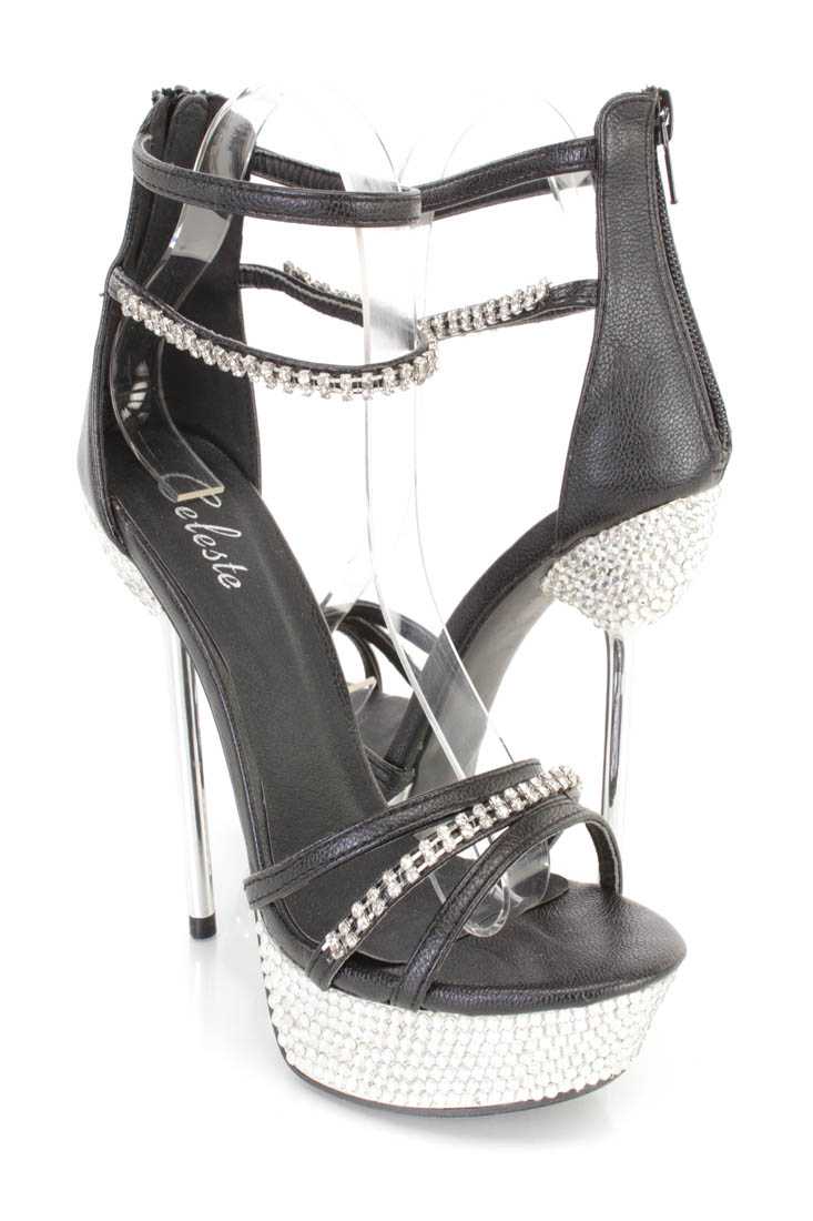 Black Rhinestone Strappy Platform Stiletto High Heels Faux Leather