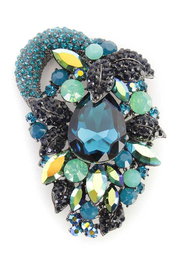 Turquoise Two Tone Rhinestone Leaf Detailing Brooch