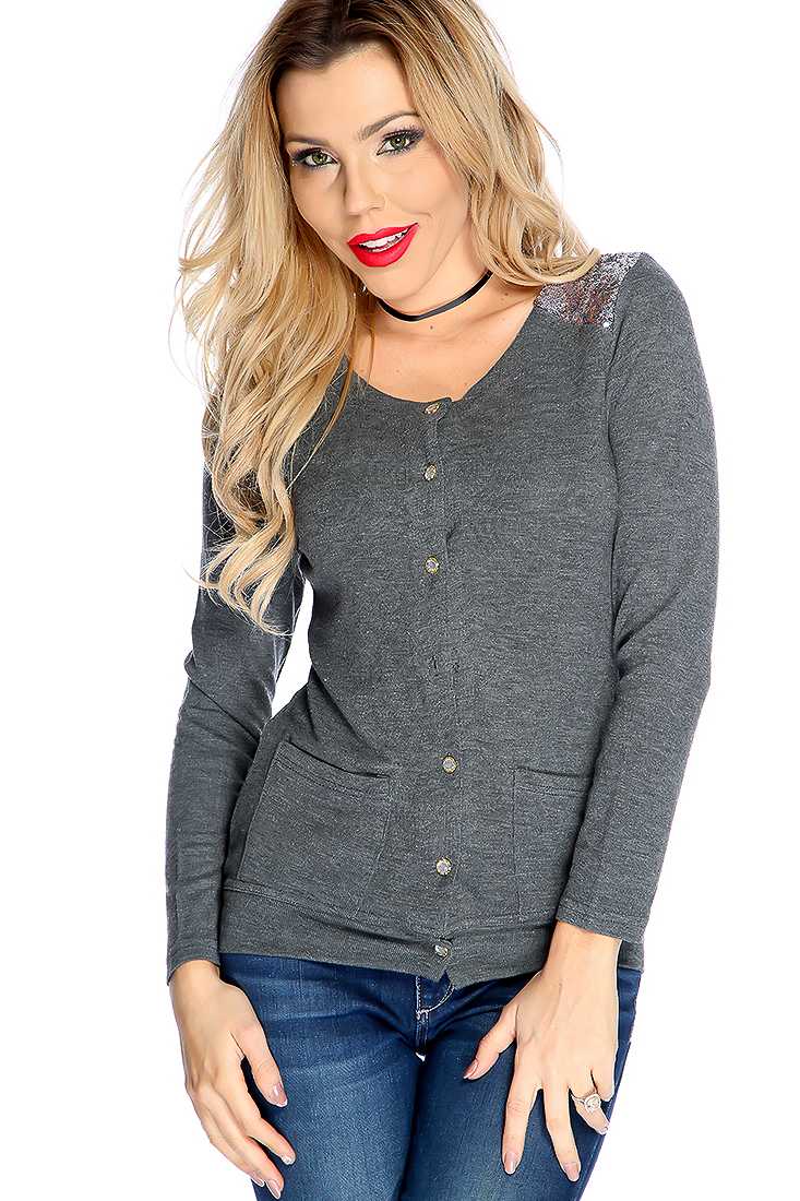 Charcoal Long Sleeve Sequence Button Up Cardigan