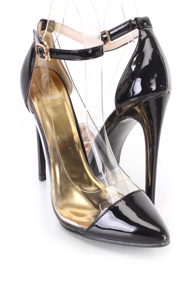 Black Clear Trimmed Single Sole Heels Patent
