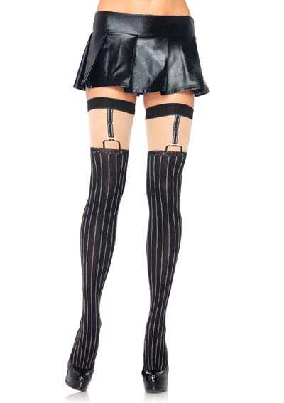 Black Nude Opaque Pinstriped Suspender Thigh Highs