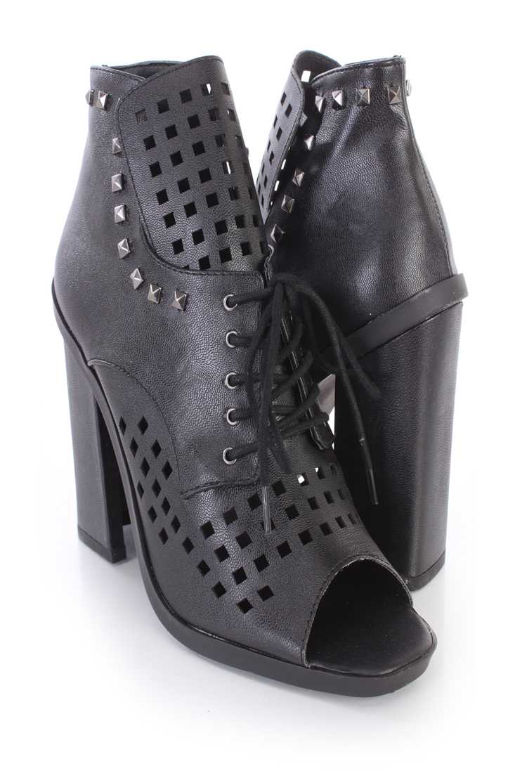 Black Perforated Studded Single Sole Booties Faux Leather