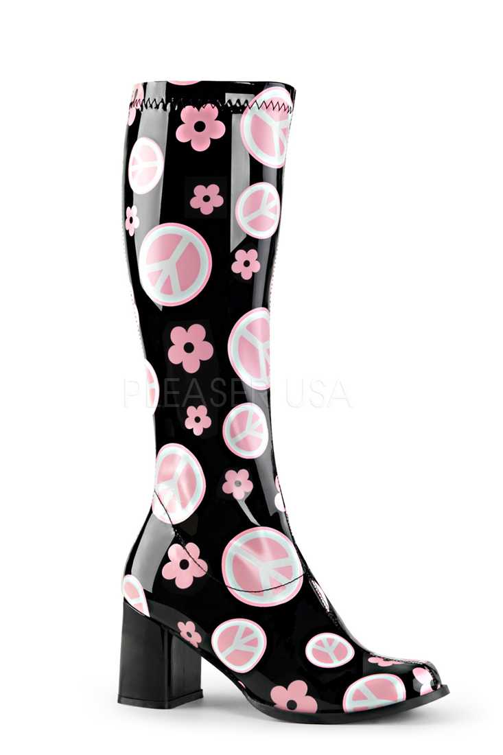 Black Floral Print Block Heel Boots Patent