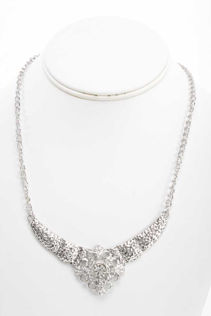 Silver Hammered Metal Intricate Rhinestone Necklace