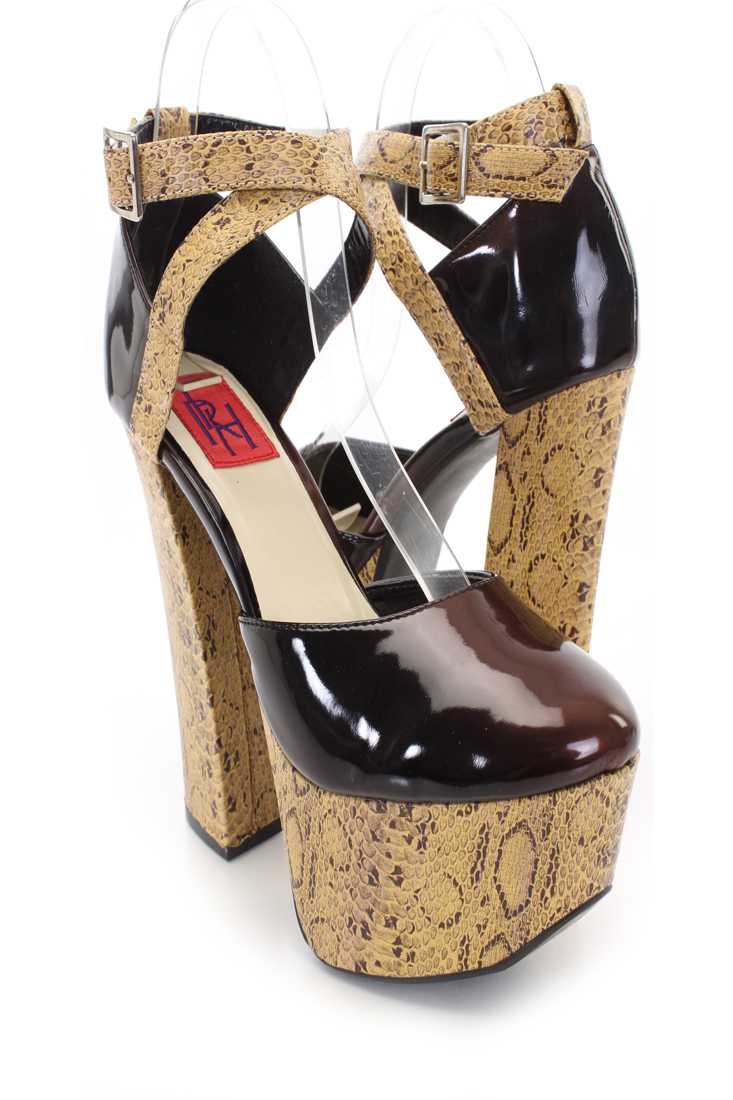 Black Patent Snake Skin Platform Chunky Heels