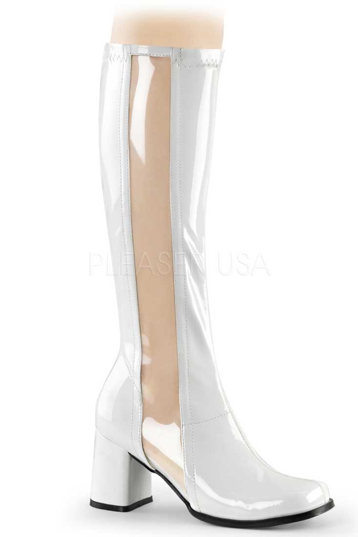 White Transparent Stripe Block Heel Boots Patent