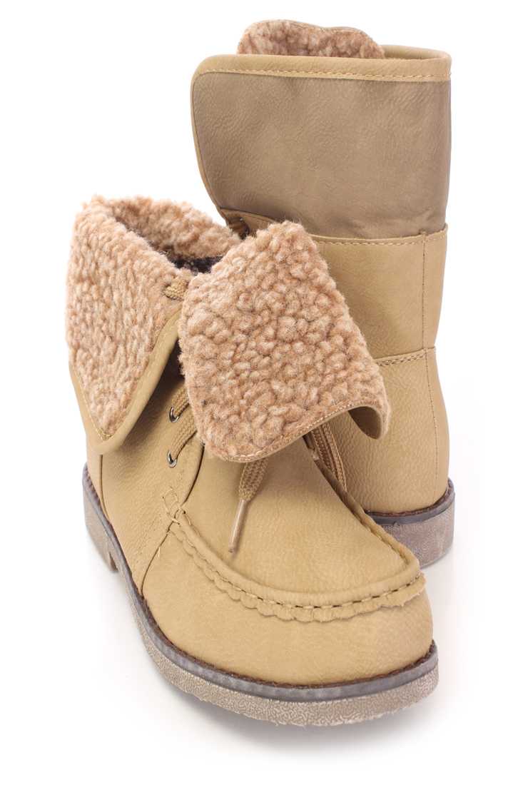 Beige Lace Up Fold Over Ankle Cuff Boots Faux Leather